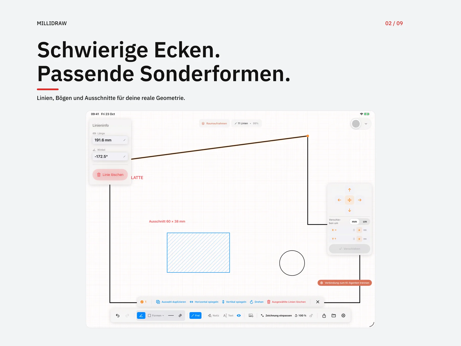 Bemaßte Geometrie mit schrägen Kanten, Bögen und Ausschnitten
