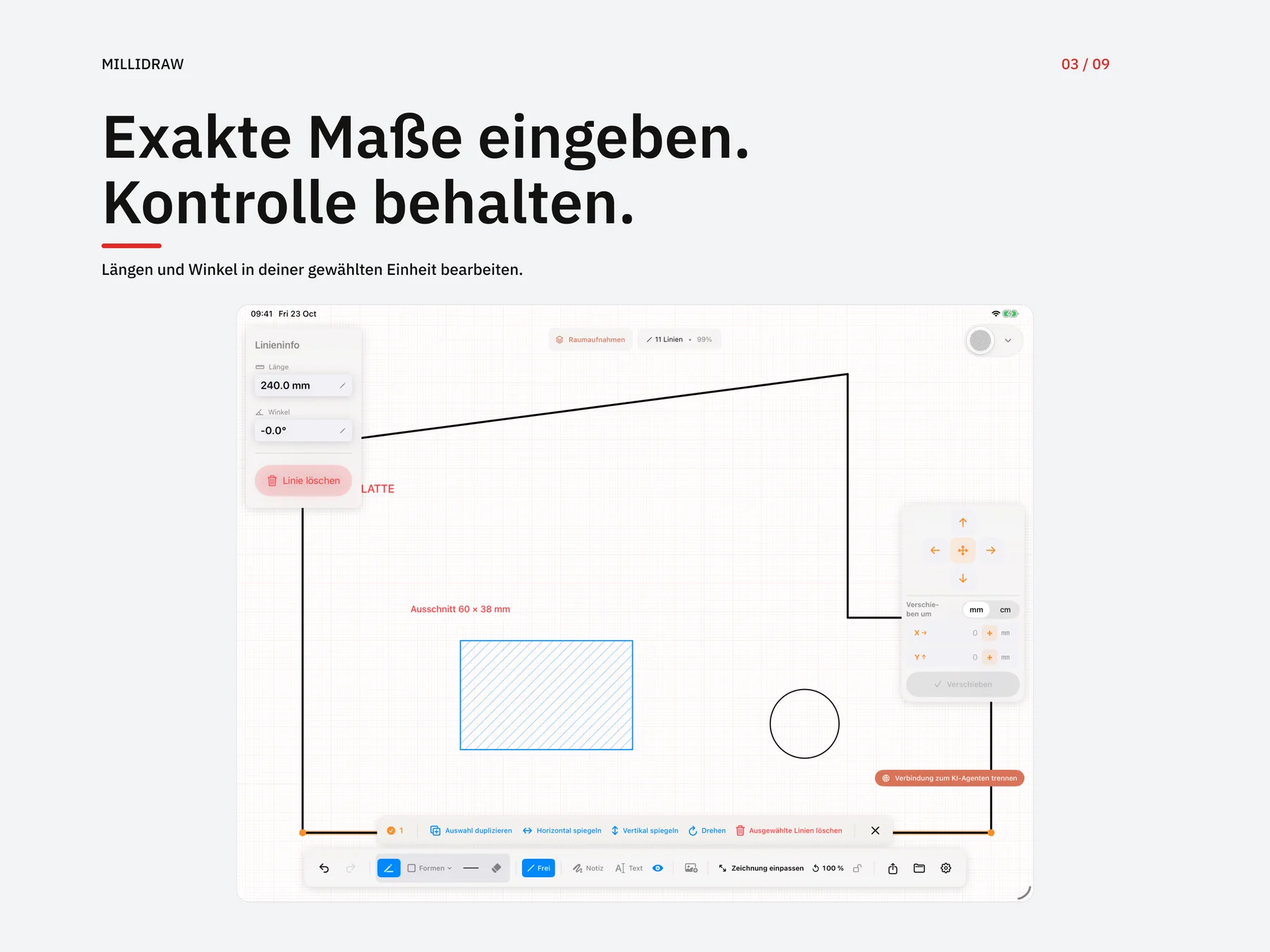 Exakte Längen- und Winkelbearbeitung in MilliDraw