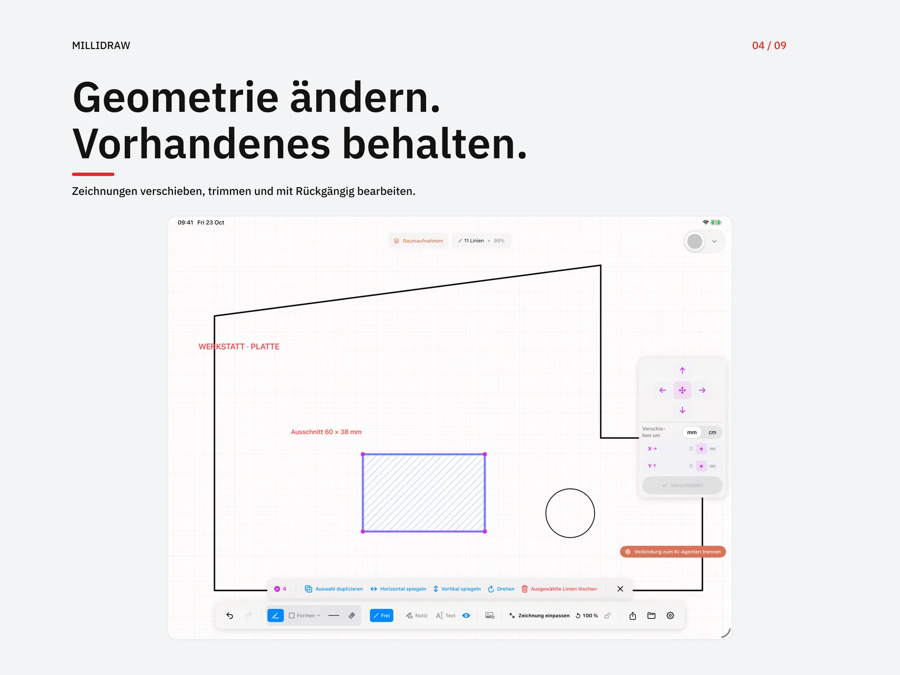Bemaßte Zeichnung bei der Bearbeitung in MilliDraw