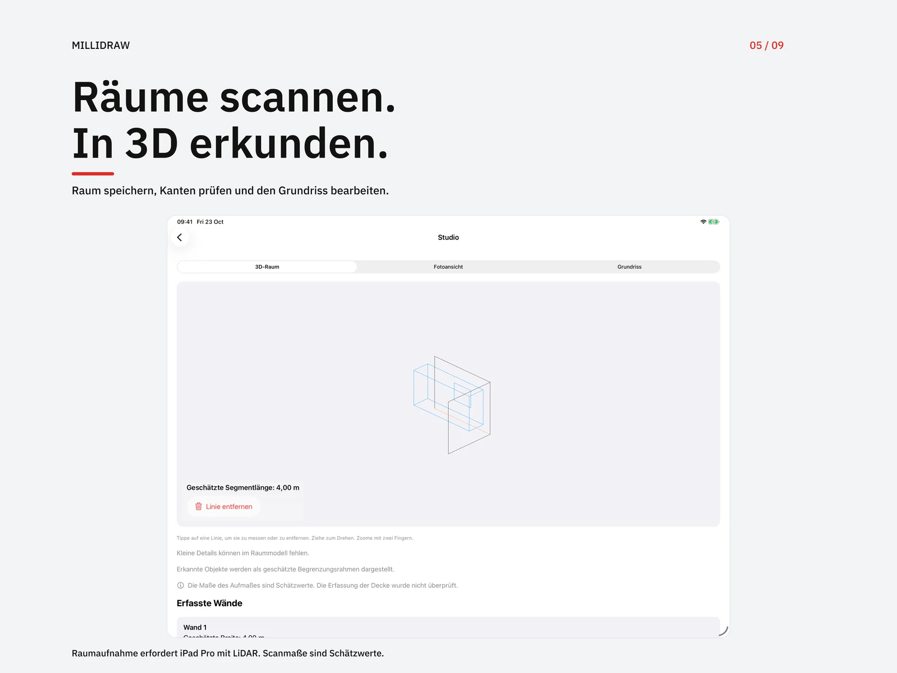 Gespeicherter 3D-Raum mit ausgewählter Kante und geschätzter Länge