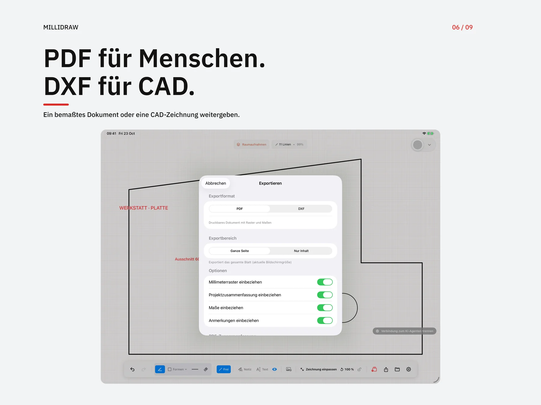 MilliDraw-Exportdialog für PDF und DXF