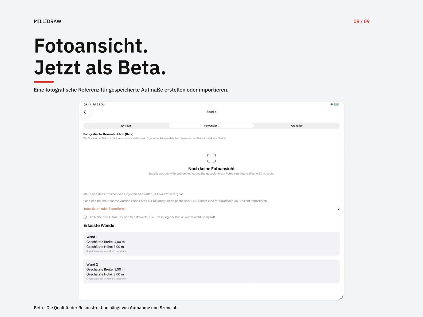 Fotoansicht (Beta) in MilliDraw mit Optionen zum Erstellen und Importieren