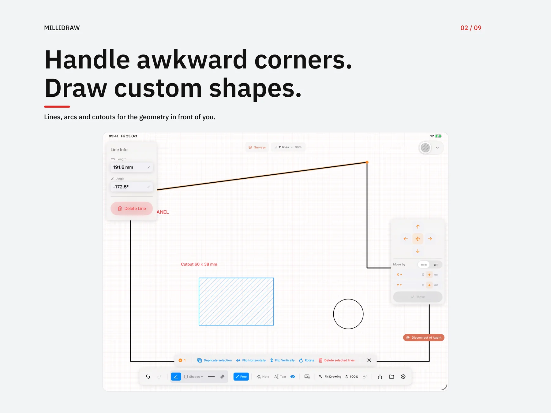 Irregular measured geometry with angled edges, arcs and cutouts