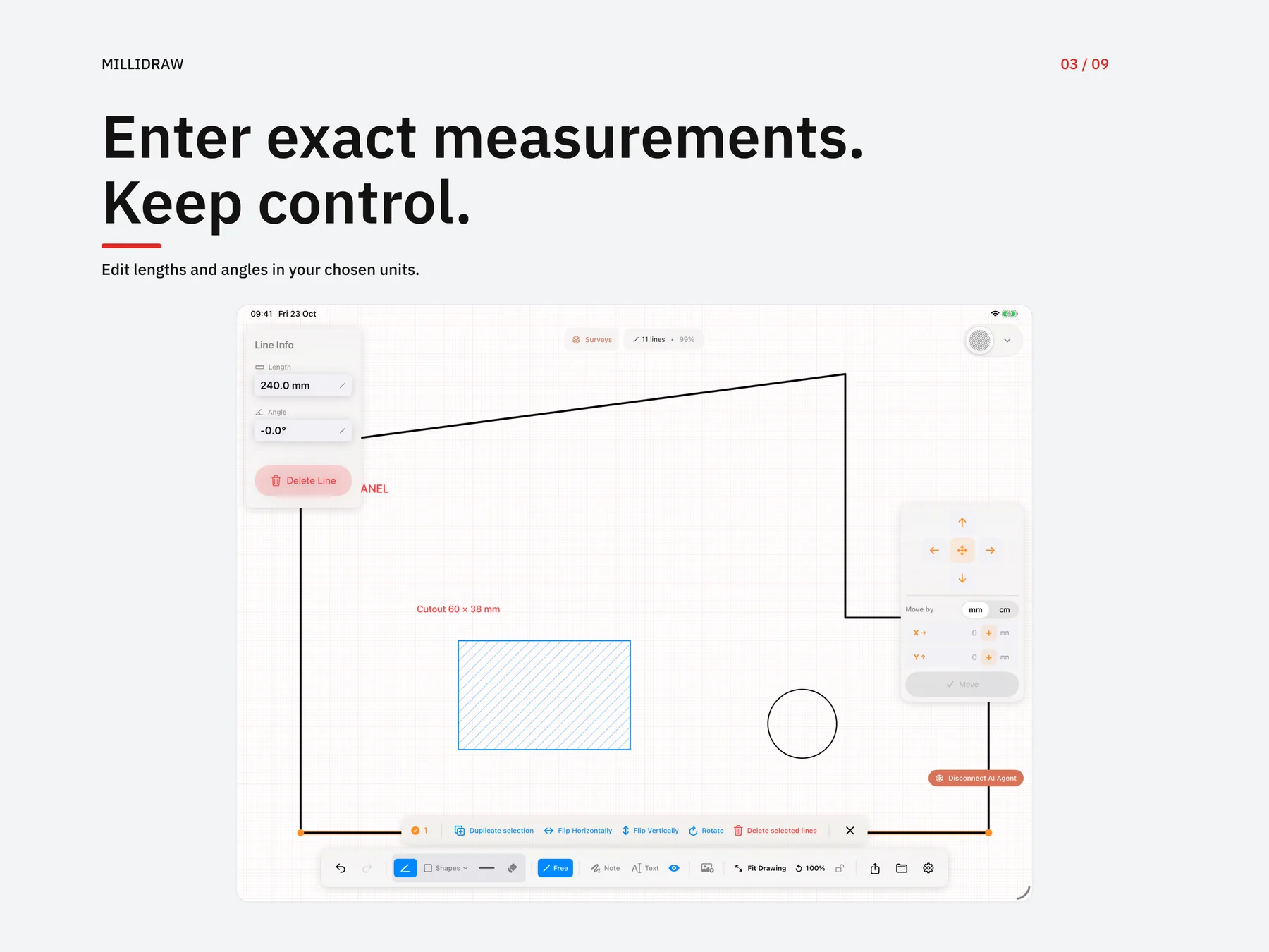 Exact length and angle editing in MilliDraw