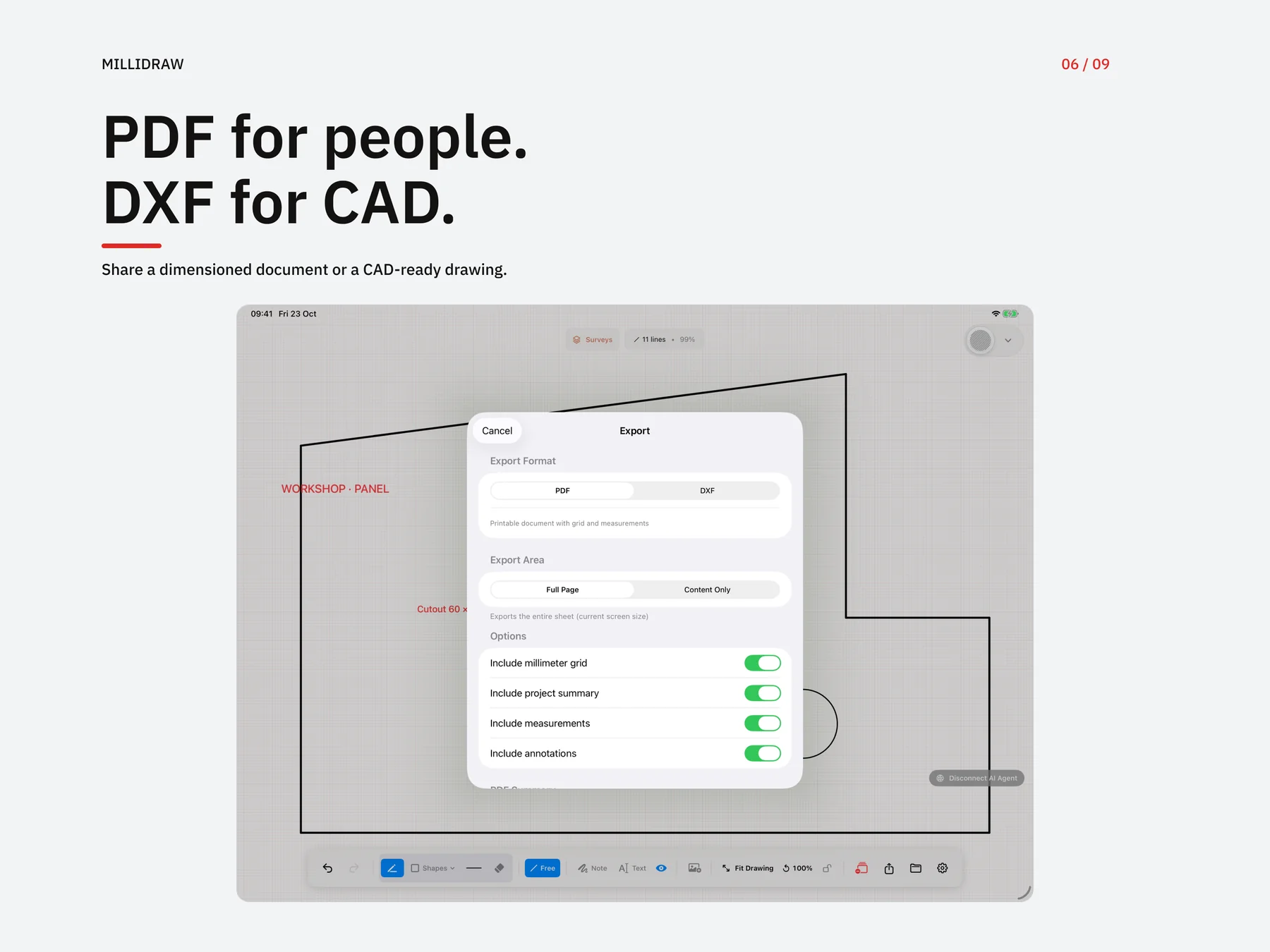 MilliDraw export dialog for PDF and DXF