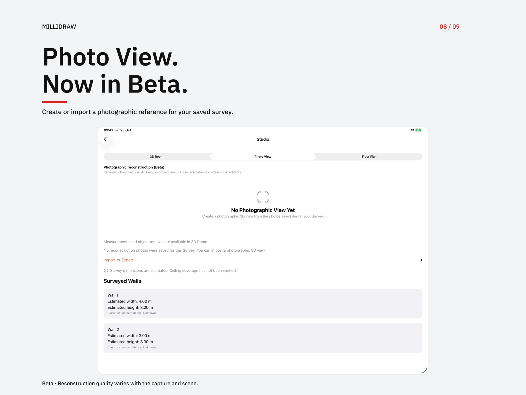 Photo View Beta creation and import screen in MilliDraw