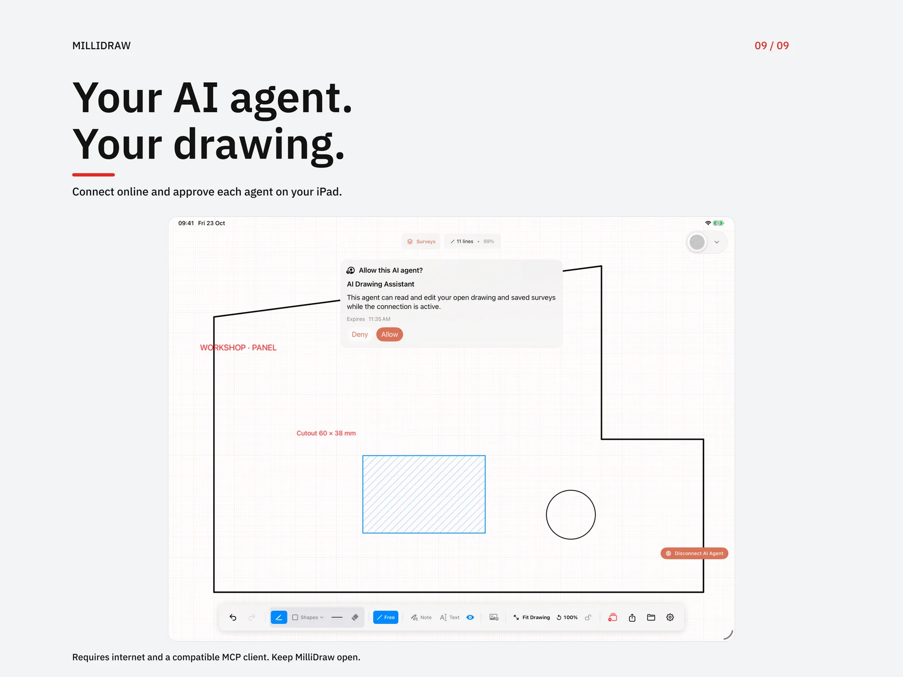 MilliDraw online AI connection with explicit iPad authorization
