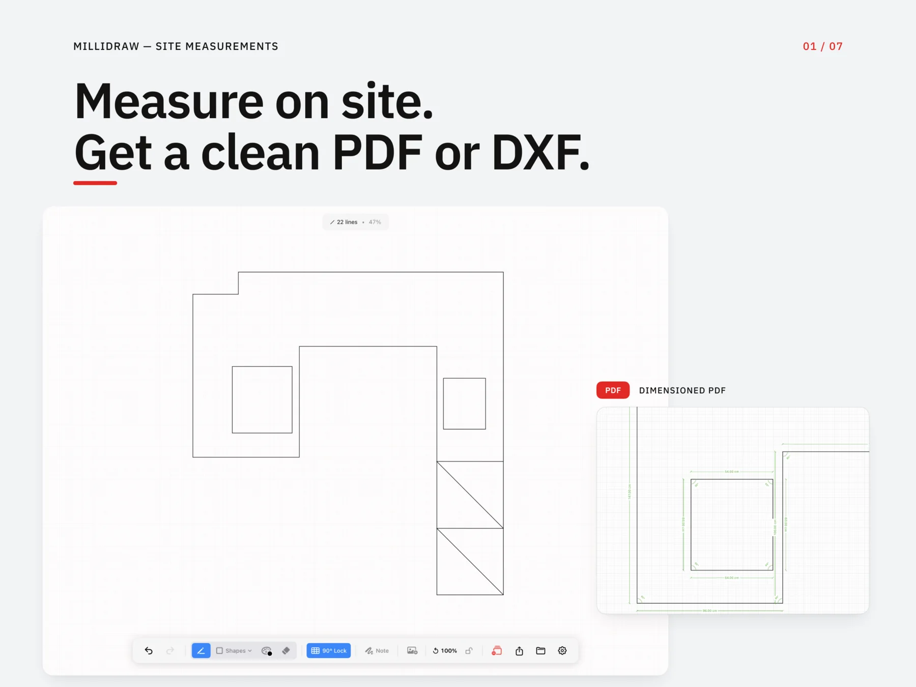 MilliDraw drawing measured on site with a dimensioned PDF preview