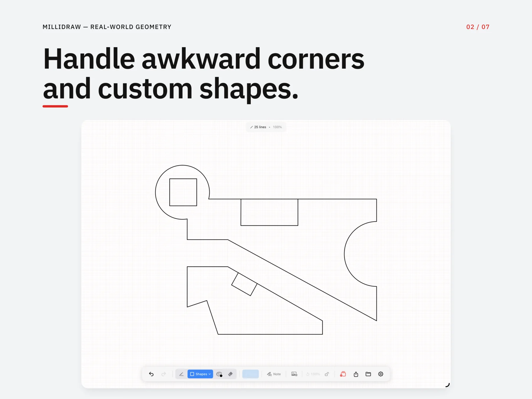 Irregular measured geometry with angled edges, arcs, and cutouts in MilliDraw