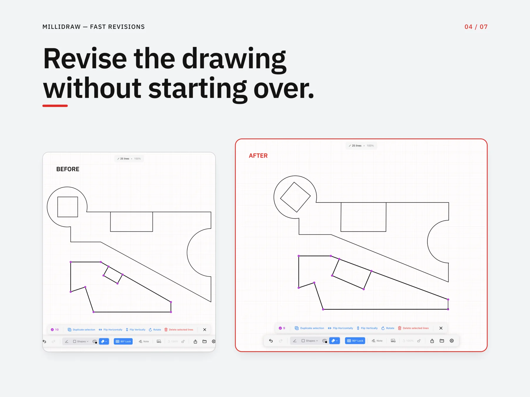 Before and after comparison of geometry revised in MilliDraw