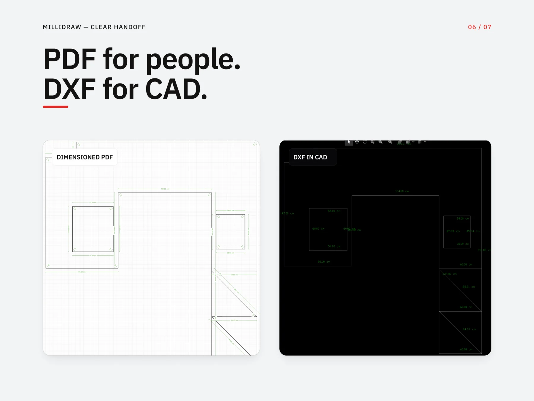 The same MilliDraw project exported as a dimensioned PDF and a DXF opened in CAD
