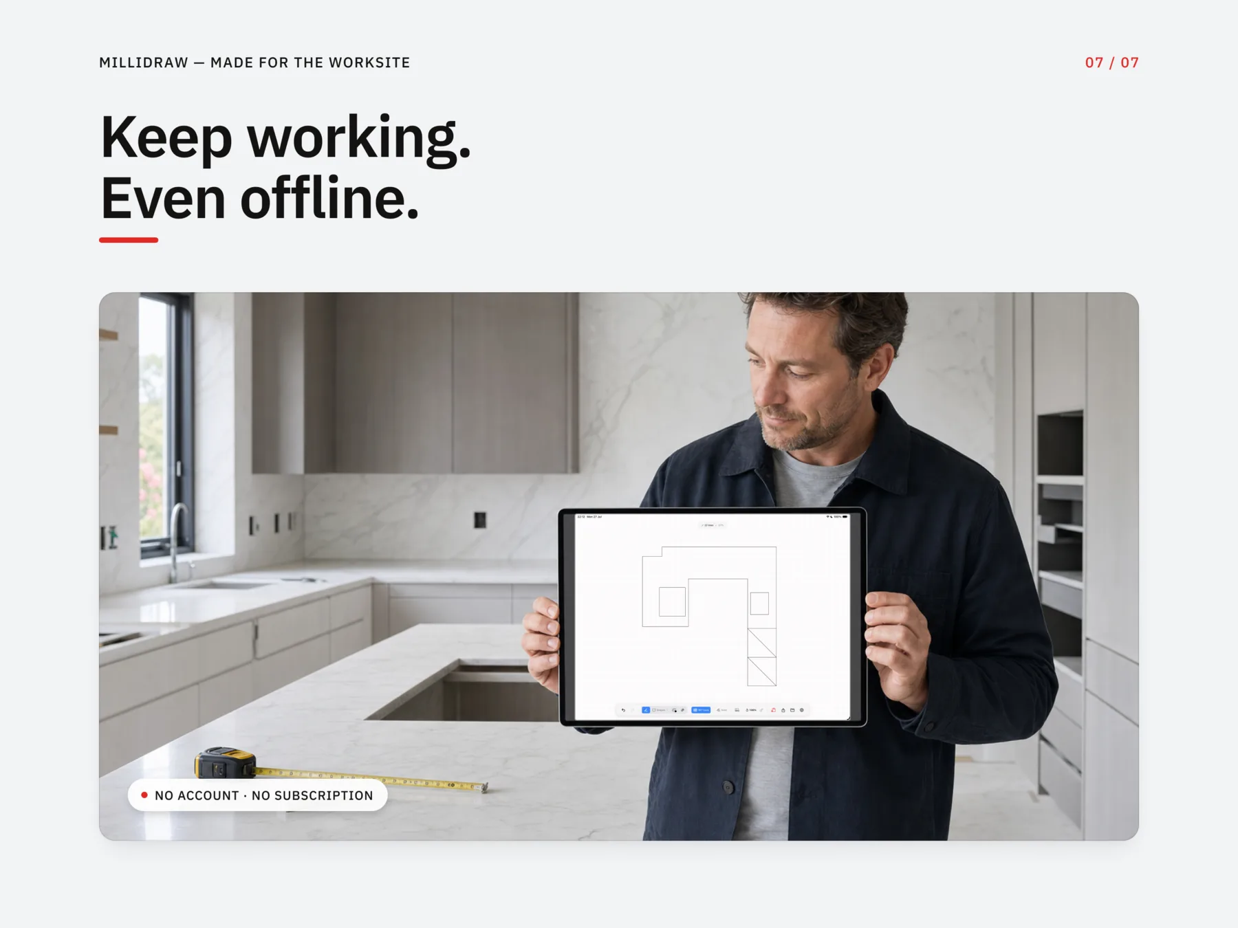 A professional using MilliDraw on iPad at a kitchen worksite