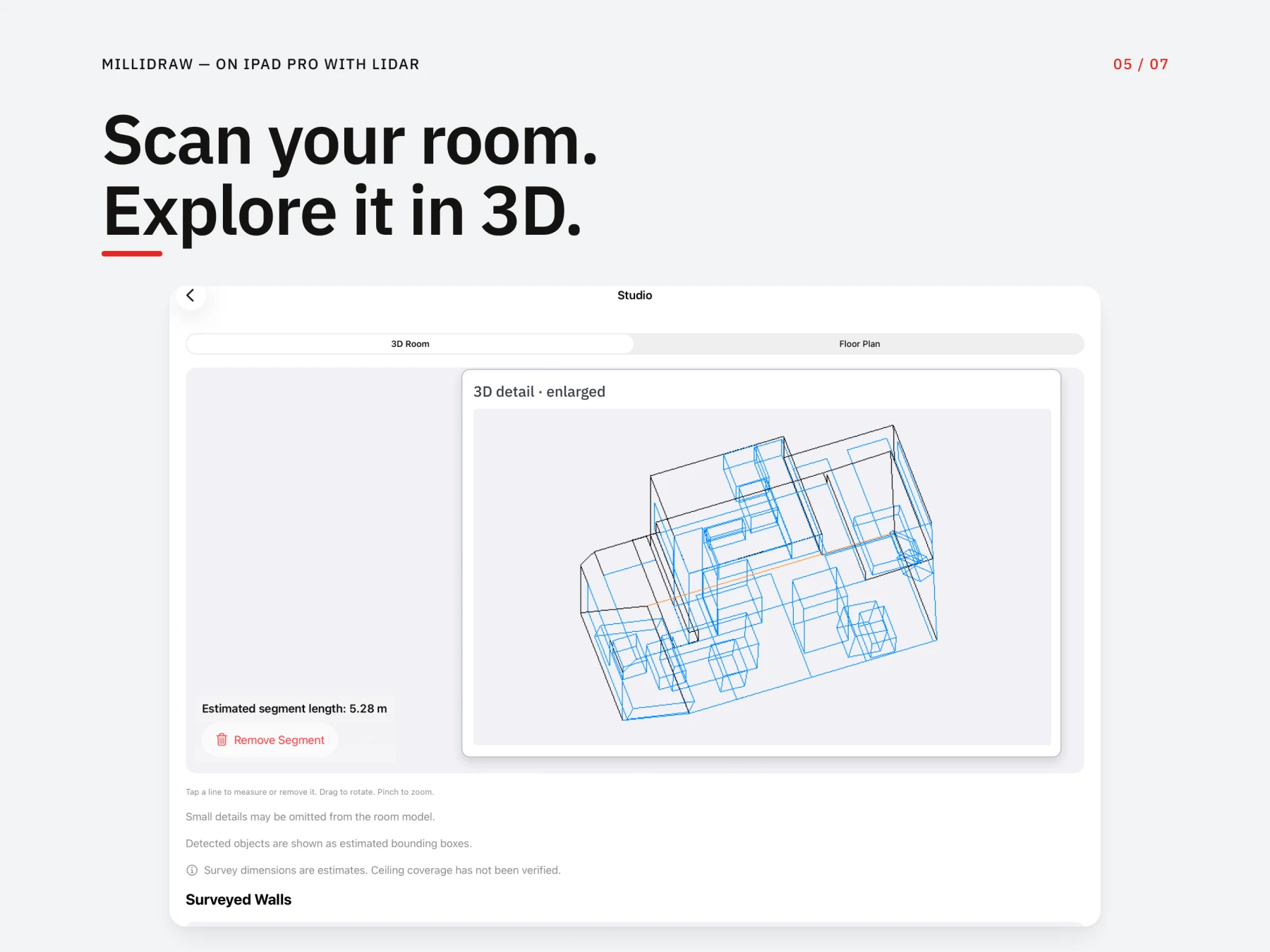 Live Survey: modello del locale in 3D con dettaglio ingrandito e misura di uno spigolo